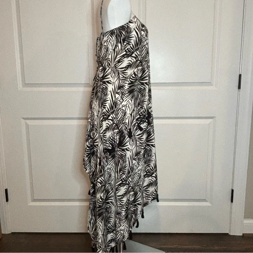 NWT Elan Black White Palm Print Tassel Midi Halter Dress S